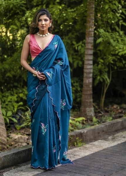 MIDNIGHT BLUE SATIN SAREE WITH EMBROIDERED MOTIFS & SCALLOPS BORDER
