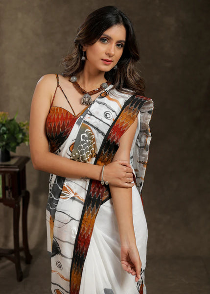 WHITE COTTON HANDPAINTED SAREE WITH MULTICOLOUR IKKAT