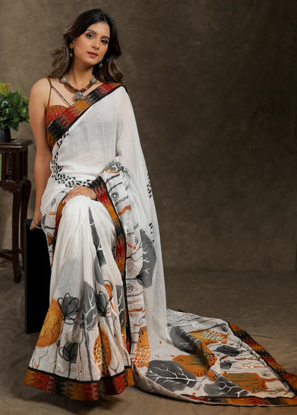 WHITE COTTON HANDPAINTED SAREE WITH MULTICOLOUR IKKAT