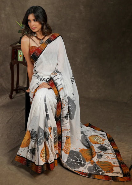 WHITE COTTON HANDPAINTED SAREE WITH MULTICOLOUR IKKAT