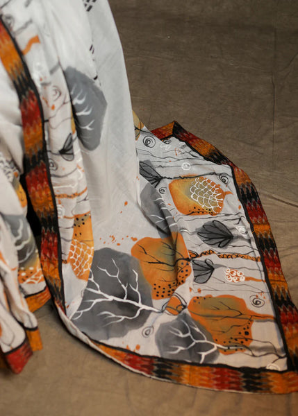 WHITE COTTON HANDPAINTED SAREE WITH MULTICOLOUR IKKAT