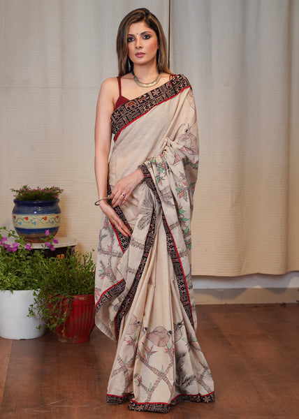 BEIGE COTTON SAREE WITH EXCLUSIVE GOND PAINTING