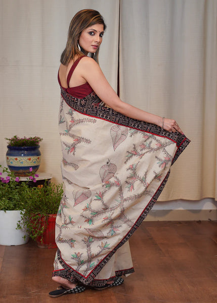 BEIGE COTTON SAREE WITH EXCLUSIVE GOND PAINTING