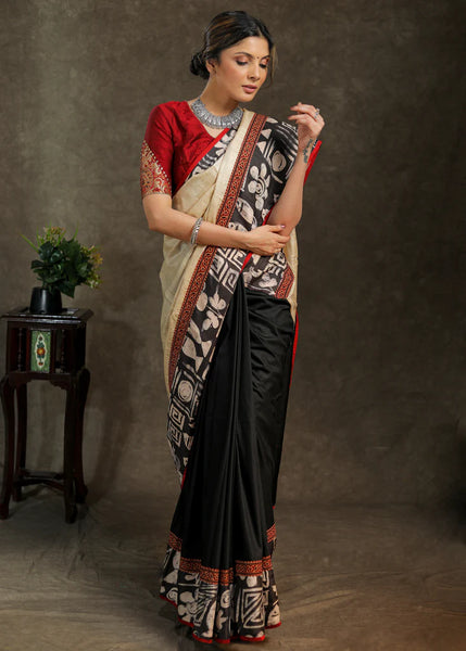 SHEEK BLACK ASSAM SILK SAREE WITH CREME PALLU AND BATIK BORDER