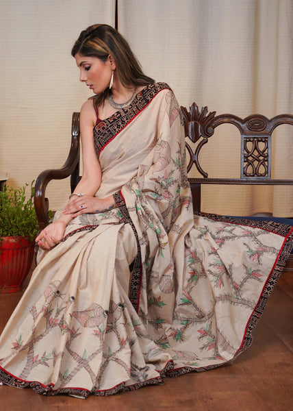BEIGE COTTON SAREE WITH EXCLUSIVE GOND PAINTING