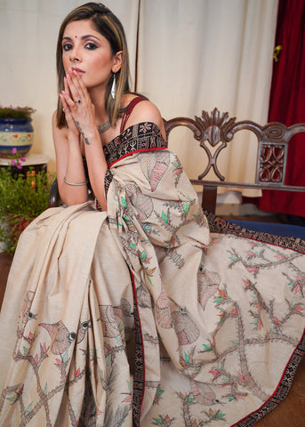 BEIGE COTTON SAREE WITH EXCLUSIVE GOND PAINTING