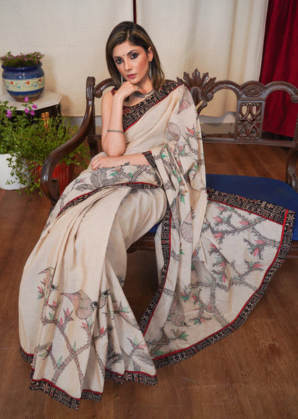 BEIGE COTTON SAREE WITH EXCLUSIVE GOND PAINTING