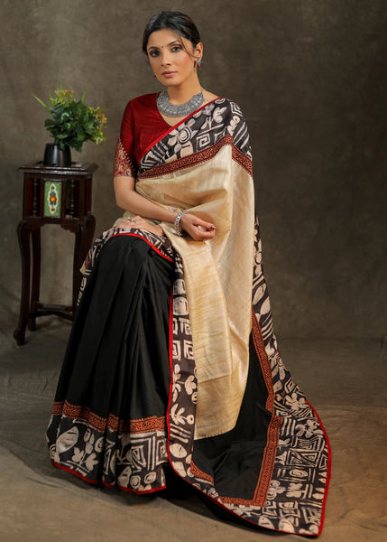 SHEEK BLACK ASSAM SILK SAREE WITH CREME PALLU AND BATIK BORDER