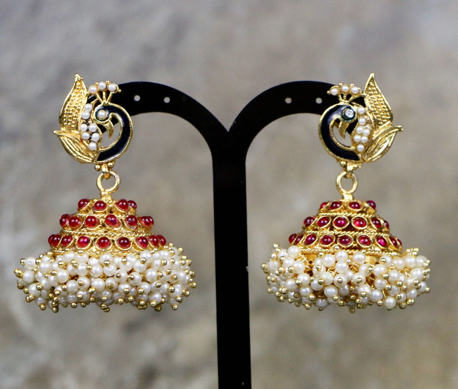 Peacock Earrings with White pearls and Red Stones