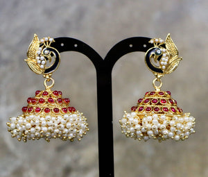 Peacock Earrings with White pearls and Red Stones