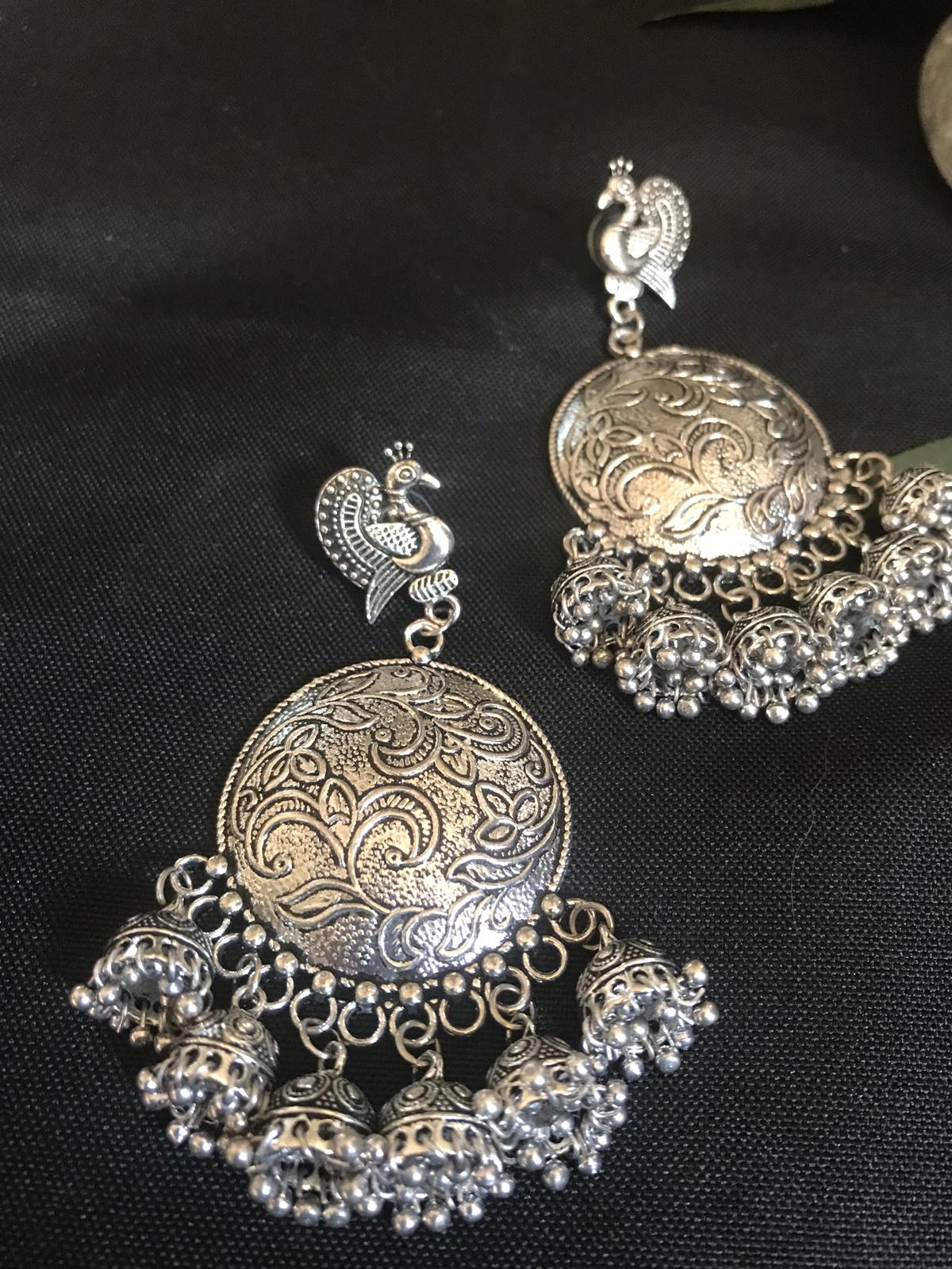 German Silver Bird Design Long Jhumka Earrings