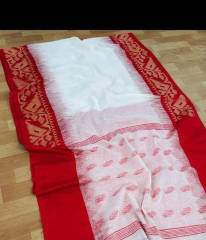 Agamoni Durga Puja Collection Red & White Linen Dhakai Saree