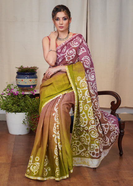 PINK & GREEN DYED EXCLUSIVE HAND BATIK COTTON SAREE