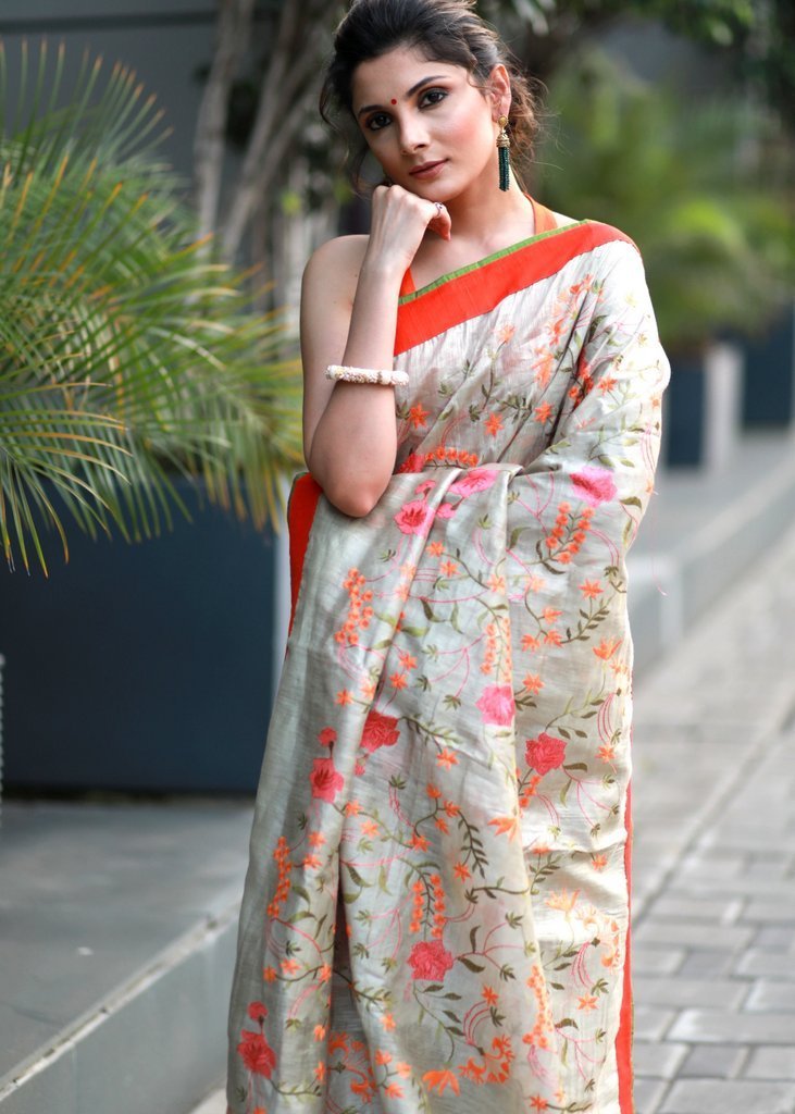 EMBROIDERED SILK LINEN SAREE