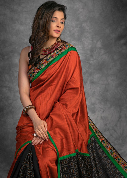 Ikat and Kutchi Mirror Work Handloom Silk Saree