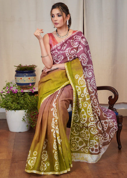 PINK & GREEN DYED EXCLUSIVE HAND BATIK COTTON SAREE