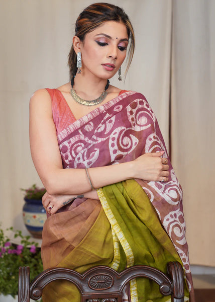 PINK & GREEN DYED EXCLUSIVE HAND BATIK COTTON SAREE