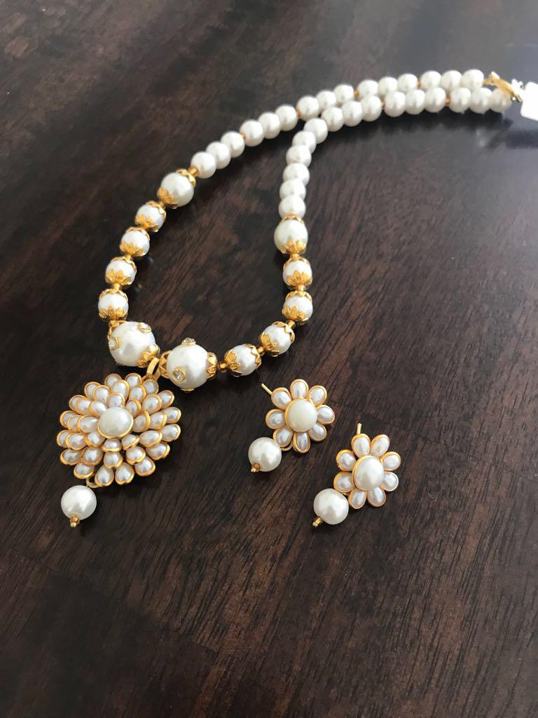 White Pearl Studded Long Necklace Set with Matching Earrings