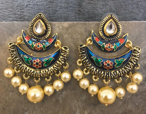 Designer Multi Colored Hand Painted Kundan Jhumka Earrings with Pearls
