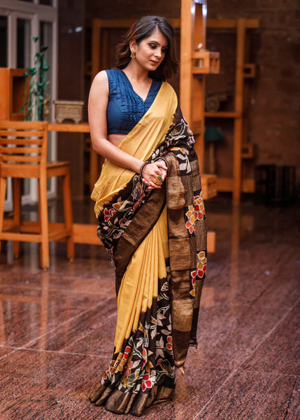 YELLOW HAND BATIK ON MATKA SILK MIX SAREE