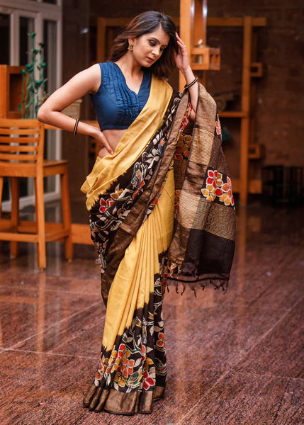 YELLOW HAND BATIK ON MATKA SILK MIX SAREE