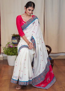 WHITE COTTON AND PINK COMBINATION EMBROIDERED SAREE WITH AJRAKH BORDER