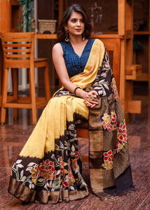 YELLOW HAND BATIK ON MATKA SILK MIX SAREE