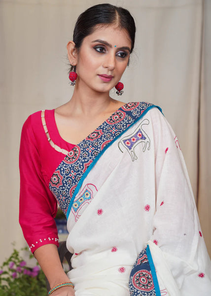 WHITE COTTON AND PINK COMBINATION EMBROIDERED SAREE WITH AJRAKH BORDER