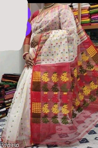 Agamoni Durga Puja Collection Red & White Soft Jamdani Saree