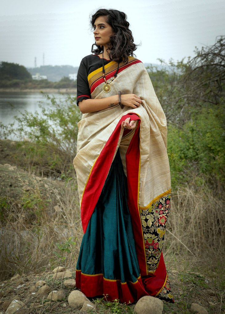 COMBINATION OF PURE TUSSAR SILK AND GREEN KHUN PLEATS SAREE WITH BENARASI PALLU