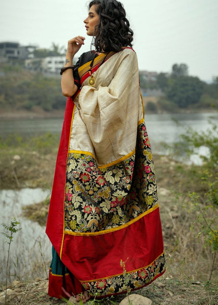 COMBINATION OF PURE TUSSAR SILK AND GREEN KHUN PLEATS SAREE WITH BENARASI PALLU