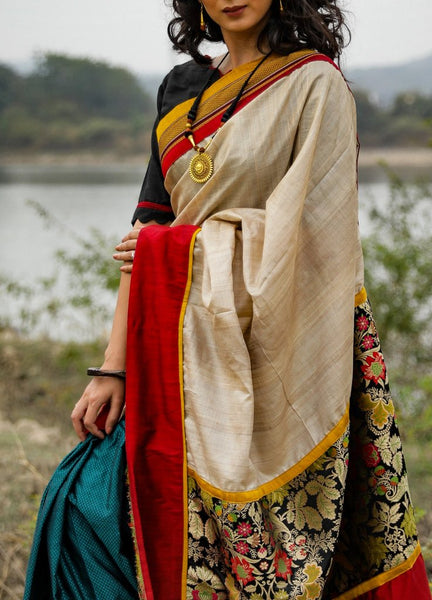COMBINATION OF PURE TUSSAR SILK AND GREEN KHUN PLEATS SAREE WITH BENARASI PALLU