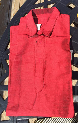 Red Pure Dupion Silk Long Kurta with Beige Elastic Pajama Set