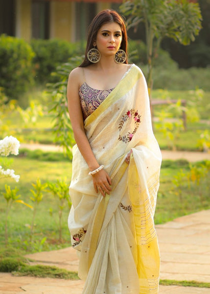 BEIGE PURE LINEN SAREE WITH INTRICATE EMBROIDERY & MIRROR WORK EMBELIISHMENTS