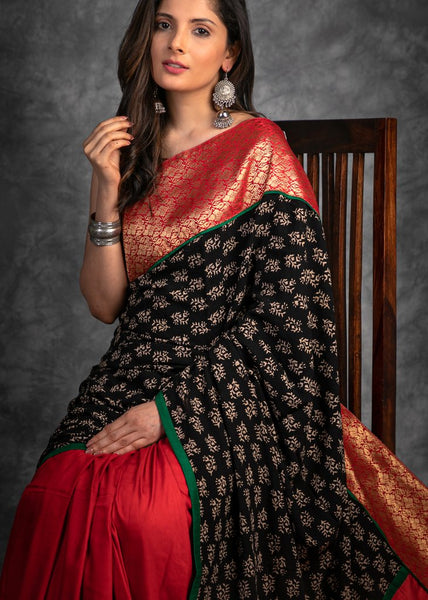 BLOCK PRINTED SAREE WITH BENARASI COMBINATION & COTTON SILK PLEATS
