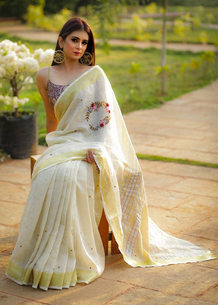 BEIGE PURE LINEN SAREE WITH INTRICATE EMBROIDERY & MIRROR WORK EMBELIISHMENTS