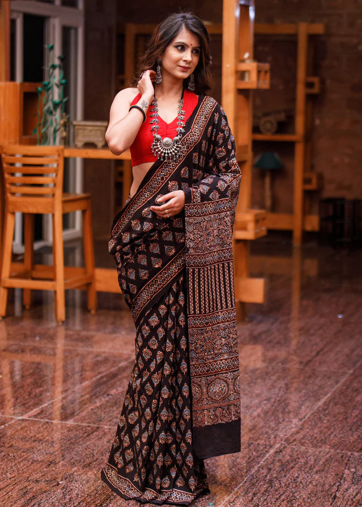 AJRAKH BLOCK PRINTED COTTON SAREE