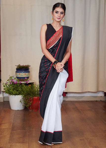 WHITE COTTON SAREE WITH BEAUTIFUL BLACK IKAT AND AJRAKH BORDER