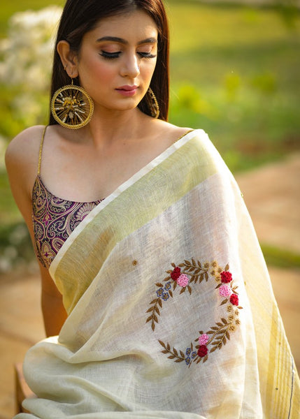 BEIGE PURE LINEN SAREE WITH INTRICATE EMBROIDERY & MIRROR WORK EMBELLISHMENTS