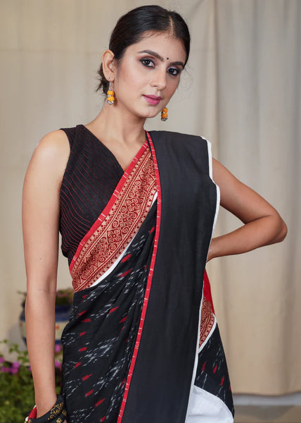 WHITE COTTON SAREE WITH BEAUTIFUL BLACK IKAT AND AJRAKH BORDER