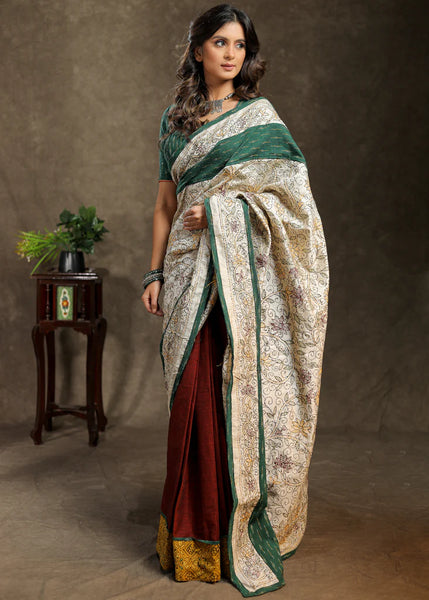 MAROON COTTON SAREE WITH EXCLUSIVE KANTHA WORK PALLU AND AJRAKH BORDER