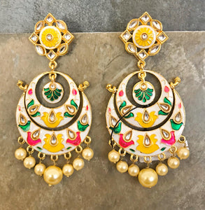 Gold Plated White & Red & Yellow & Green Hand Painted Kundan Earrings with White Pearls