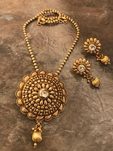Gold Colored Designer Necklace Set with White Stone & Matching Earrings