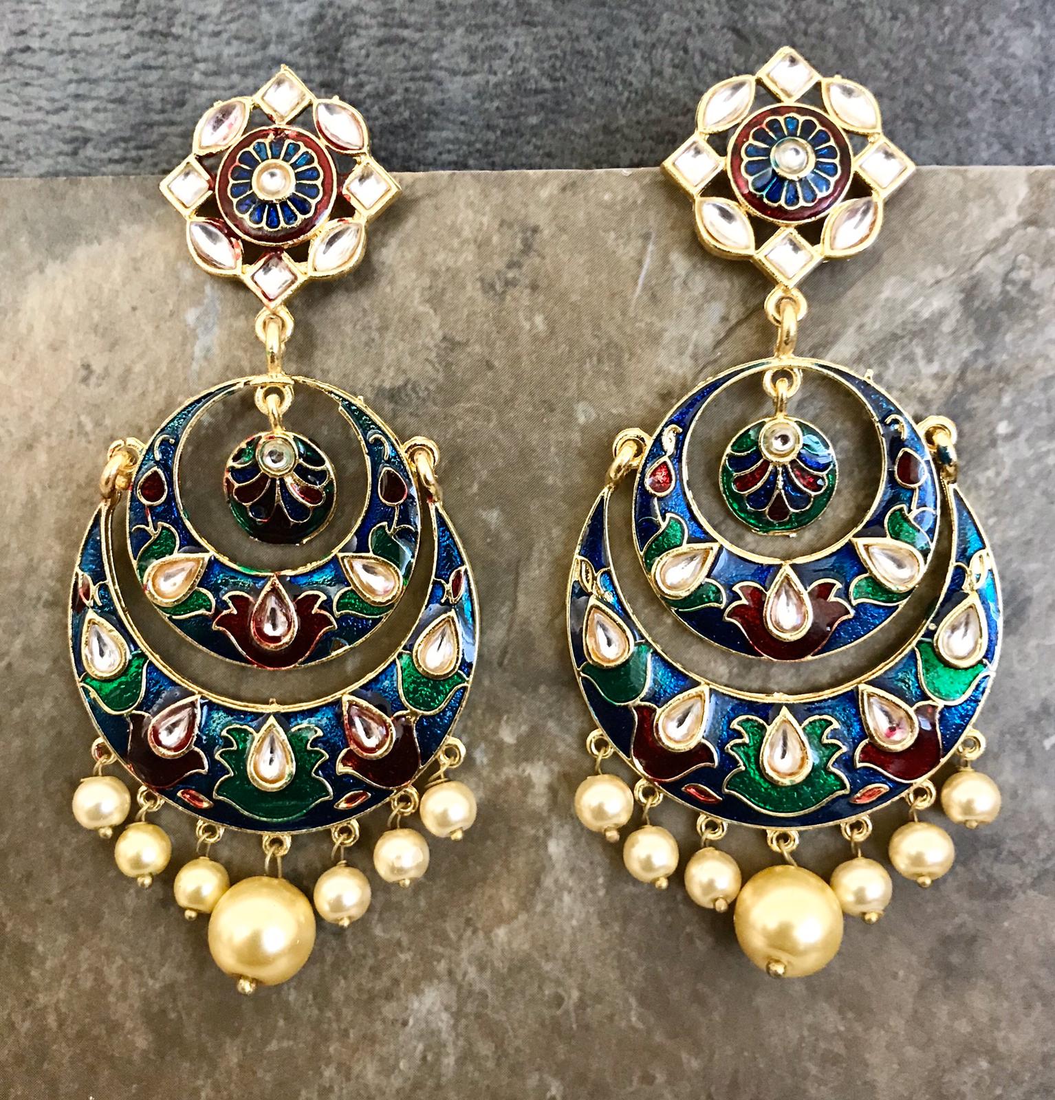 Gold Plated White & Red & Blue & Green Hand Painted Kundan Earrings with White Pearls