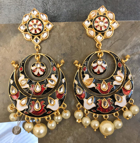 Gold Plated Black & Red & Cream Hand Painted Kundan Earrings with White Pearls
