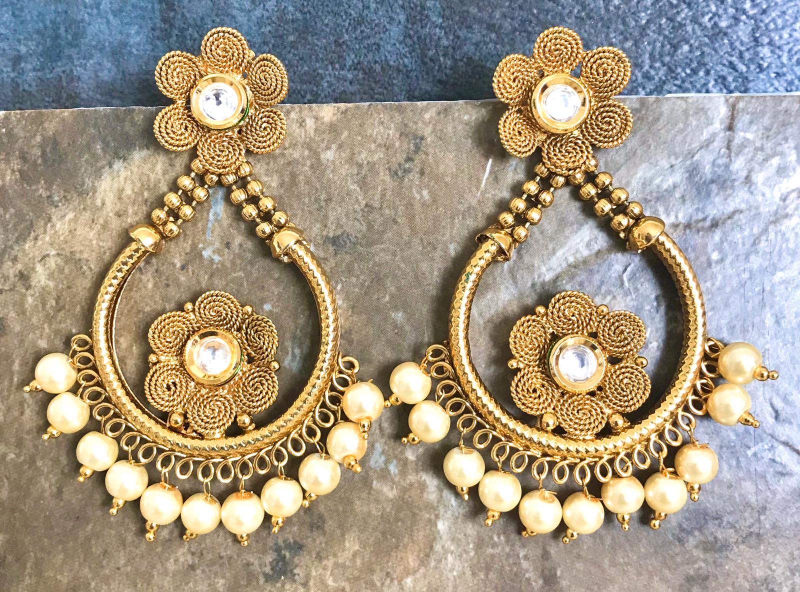 Designer Kundan Pearl Earrings with White Stones