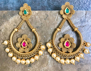Designer Kundan Pearl Earrings with Pink & Green Stones