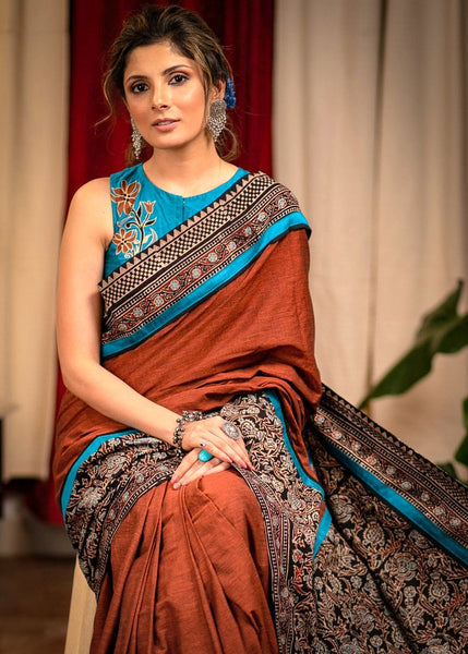 RUST HANDLOOM COTTON AJRAKH DESIGNER SAREE