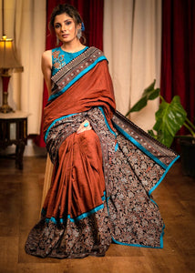 RUST HANDLOOM COTTON AJRAKH DESIGNER SAREE