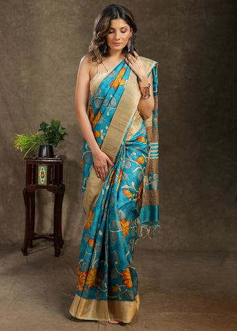 PURE TUSSAR SILK BLUE SAREE WITH KALAMKARI DESIGN